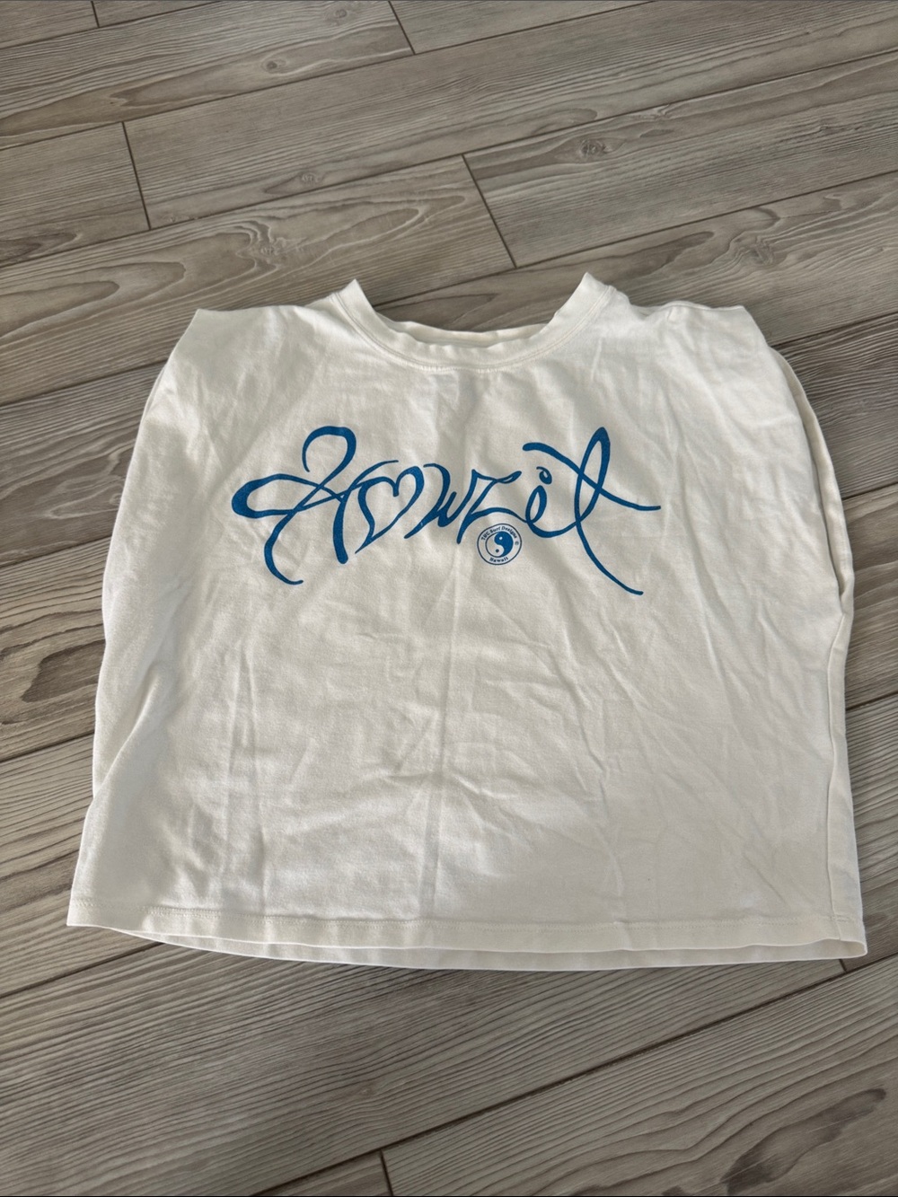 White Crop Tee with Blue Script Logo